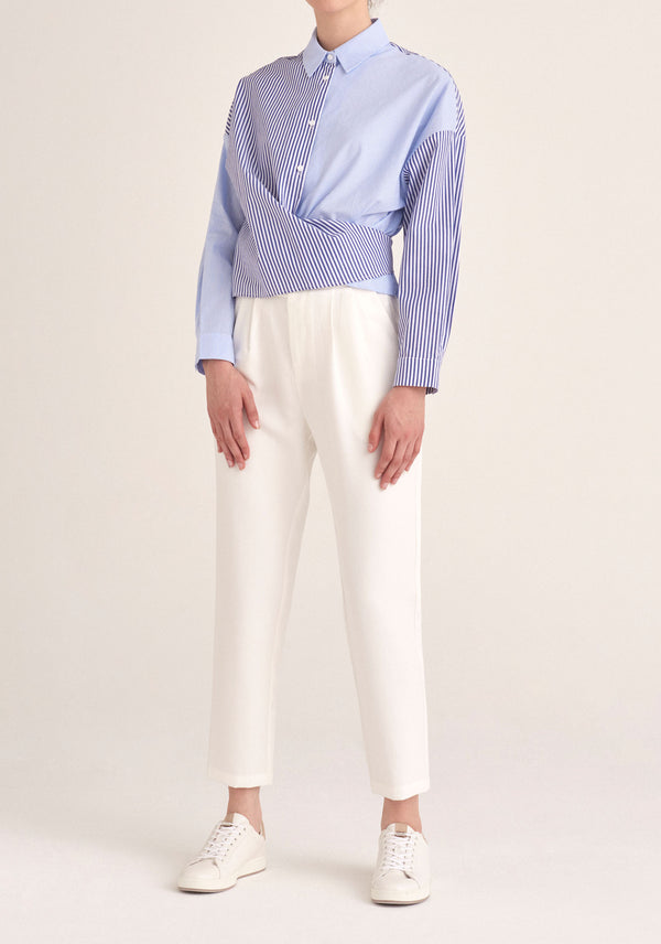 Paisie Contrast Stripe Wrap Shirt in Blue and White